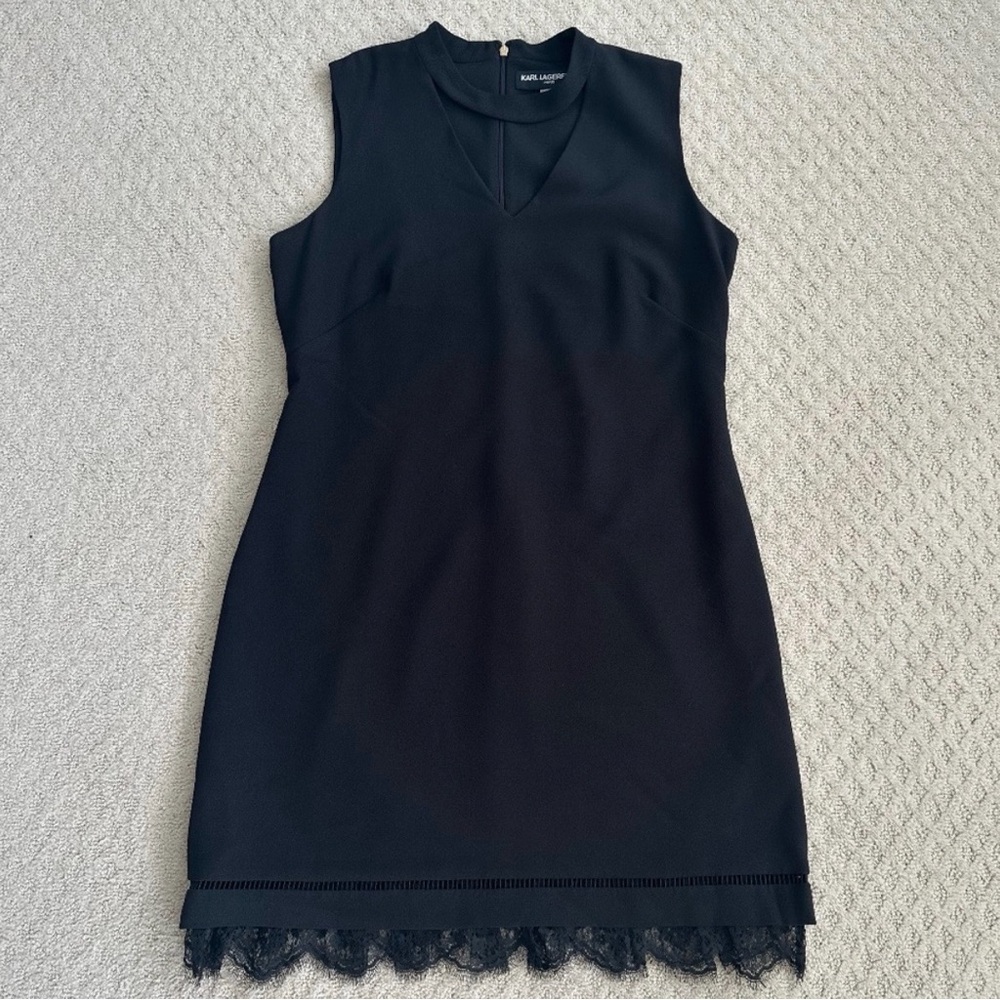 KARL LAGERFIELD little black dress v-neck cutout lace bottom dress 10 - Picture 2 of 16